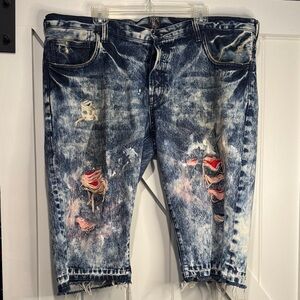 PRPS Men's Acid-Wash Distressed Jean Shorts with Red Patch Accents